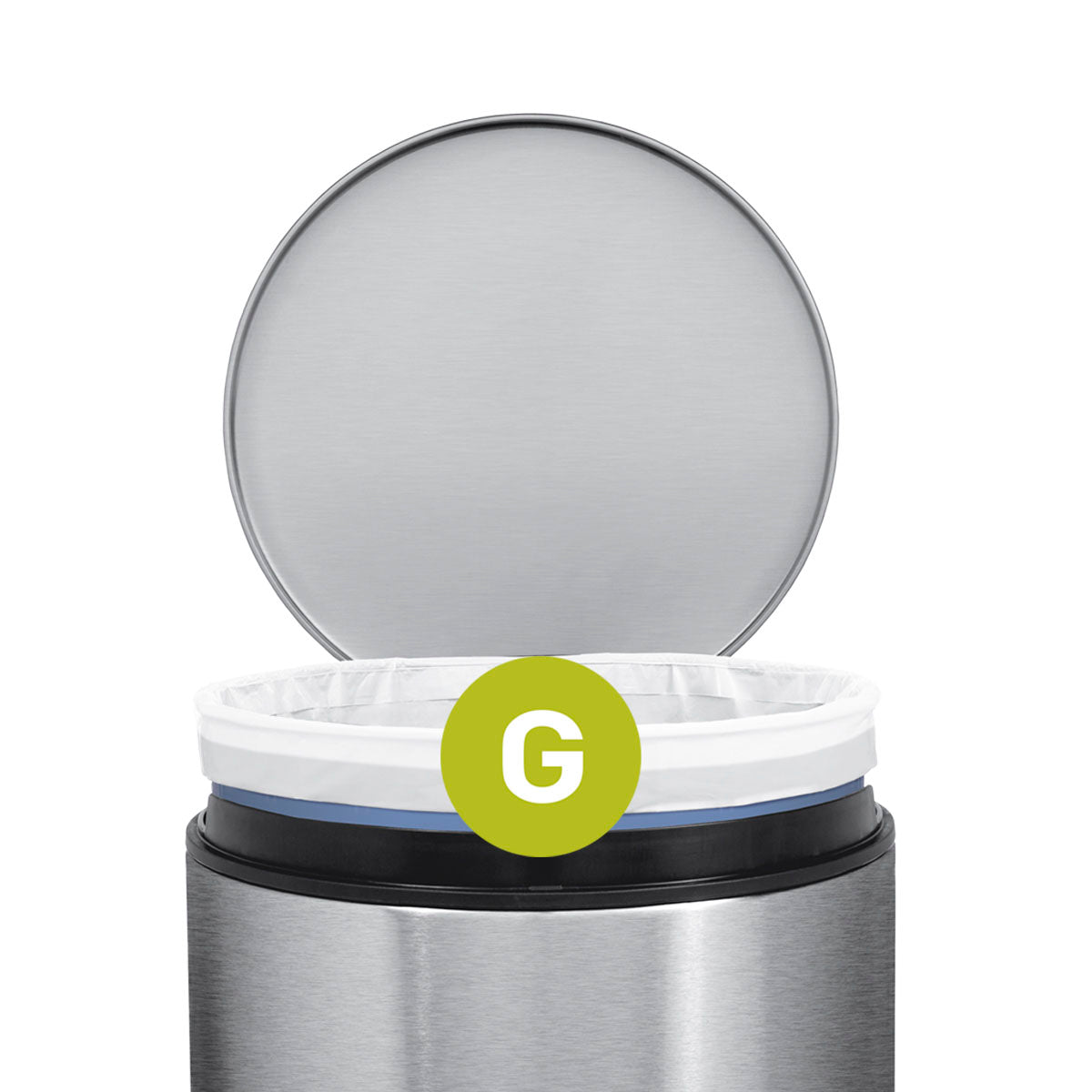 Simplehuman Detail view: Code G Custom Fit Liner, white, showing exact fit in Brushed Stainless Steel can, lid open.