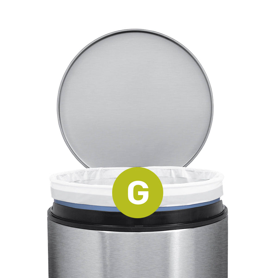 Simplehuman Detail view: Code G Custom Fit Liner, white, showing exact fit in Brushed Stainless Steel can, lid open.
