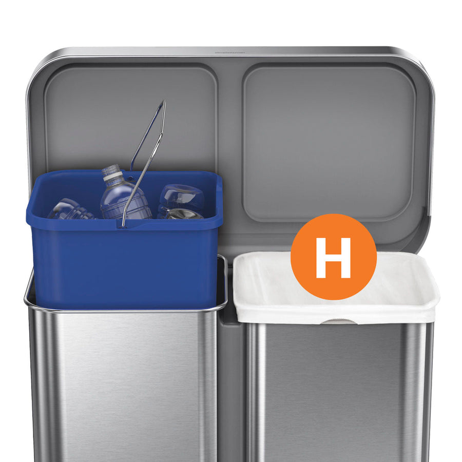 Close-up of Simplehuman Code H Custom Fit Liner installed in a dual bin can, showing the secure, custom fit.