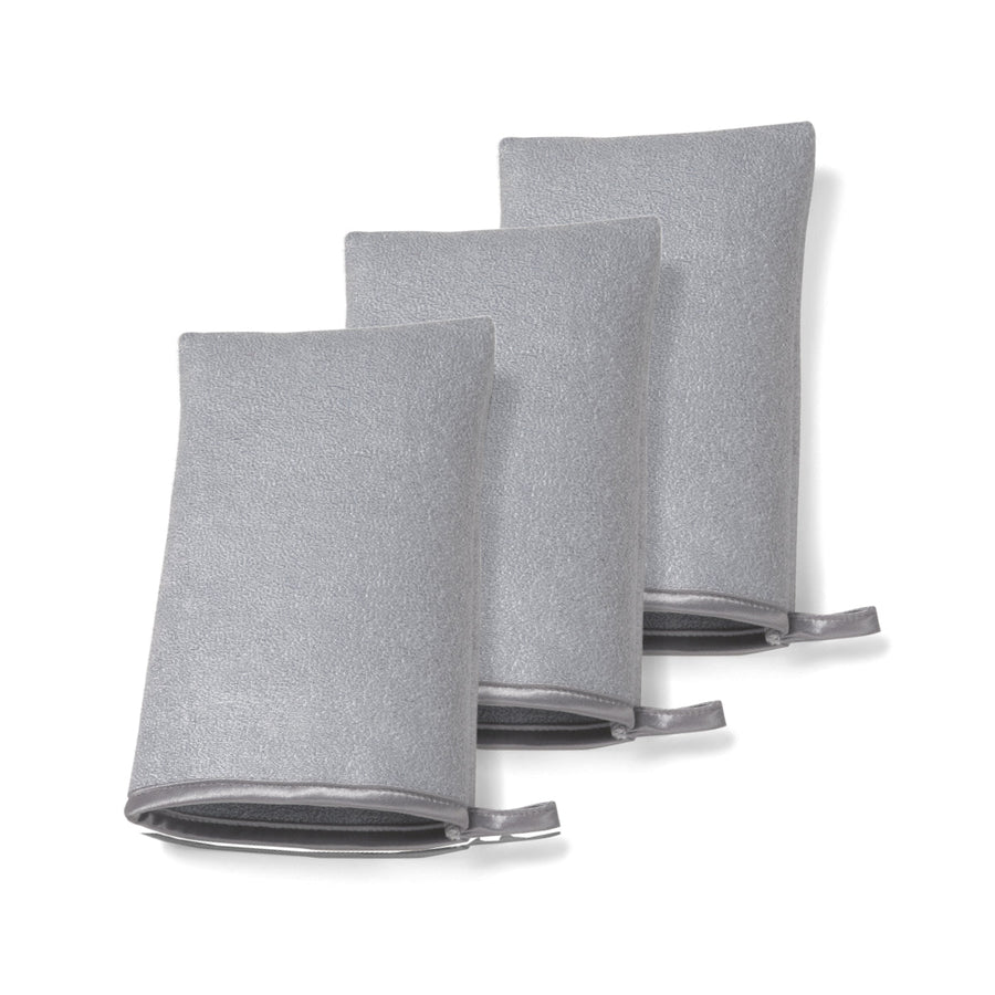 Simplehuman Gray Microfiber Mitt (3-pack) in studio shot, highly absorbent and gentle, with hanging loops.