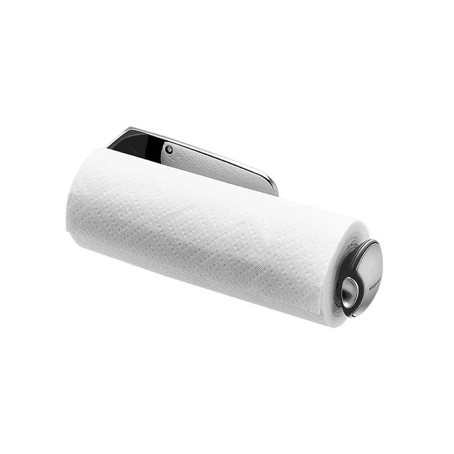 Angled view of Simplehuman Polished Stainless Steel Quick-Load Wall Mount Paper Towel Holder, space-saving design.
