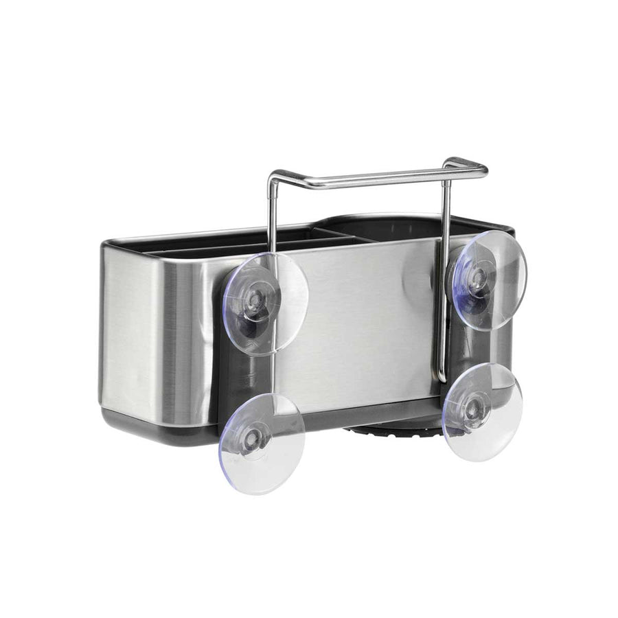 Detail view: Simplehuman Brushed Stainless Steel Sink Caddy showing dual suction cup and wire hook mounting.