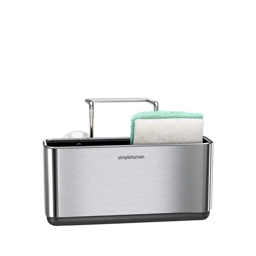 Front view of Simplehuman Slim Sink Caddy in Brushed Stainless Steel, multi-compartment holder for sponges and brushes.
