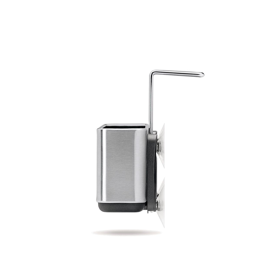 Simplehuman Slim Sink Caddy, Side view in Brushed Stainless Steel, showing suction mounting and wire brush holder.
