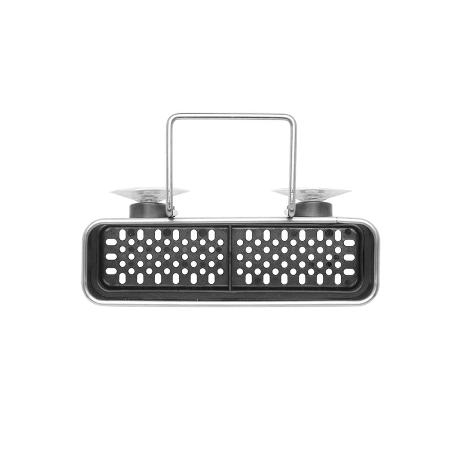 Detail view of Simplehuman Slim Sink Caddy, removable interior with perforated drainage and suction cups.