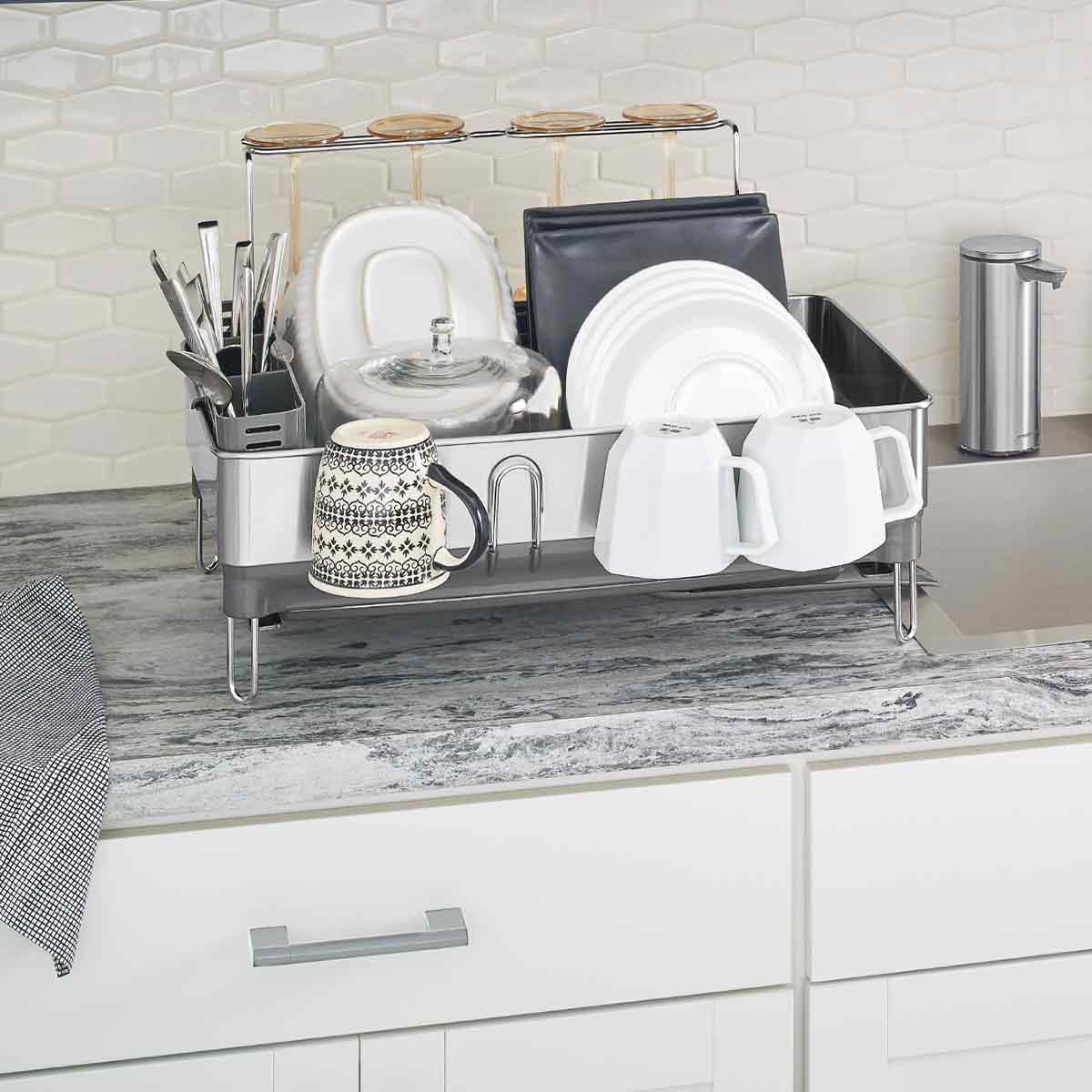 steel frame dishrack - lifestyle on kitchen sink with sensor pump