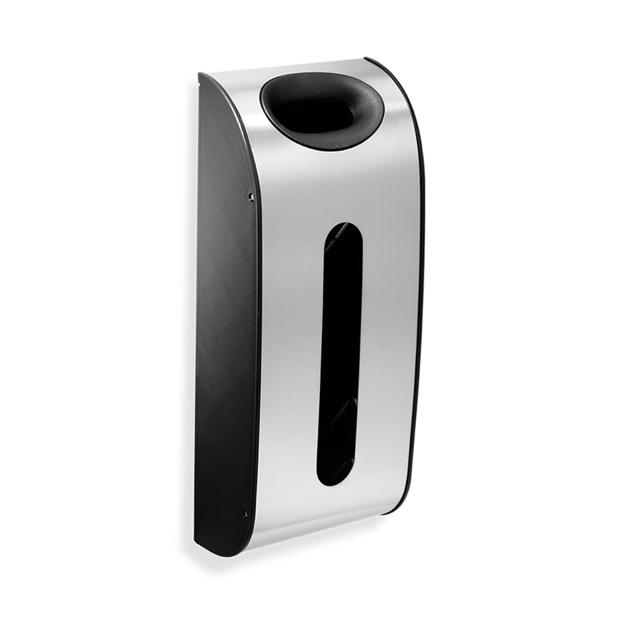 Angled view of Simplehuman Wall Mount Grocery Bag Dispenser, Brushed Stainless Steel, space-saving storage.