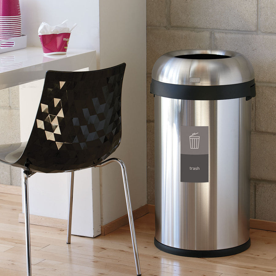 Simplehuman Magnetic Sorting Label (trash) on Brushed Stainless Steel Open Can, removable for easy waste sorting in an office.