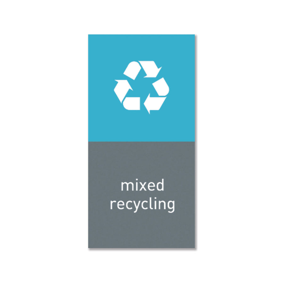 Simplehuman Magnetic Sorting Label, blue/gray, showing recycling icon and "mixed recycling," removable for easy waste sorting.