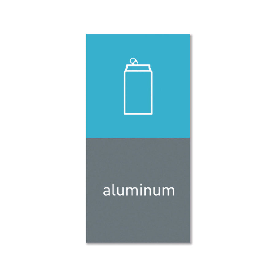 Simplehuman Magnetic Sorting Label, blue/gray, showing aluminum can icon and "aluminum," removable for easy waste sorting.