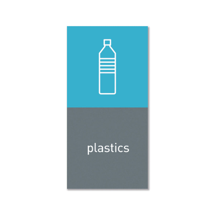 Simplehuman Magnetic Sorting Label, blue/gray, with plastics bottle icon and "plastics," removable for sorting.