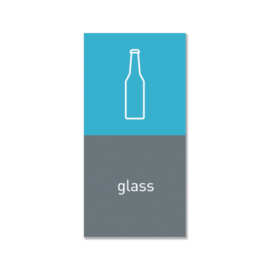 Simplehuman Magnetic Sorting Label, blue/gray, showing glass bottle icon and "glass," removable for customizing waste streams.
