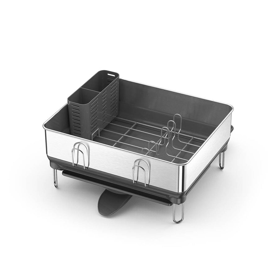Simplehuman Compact Steel Frame Dishrack in Brushed Stainless Steel with integrated drip tray and drain spout.