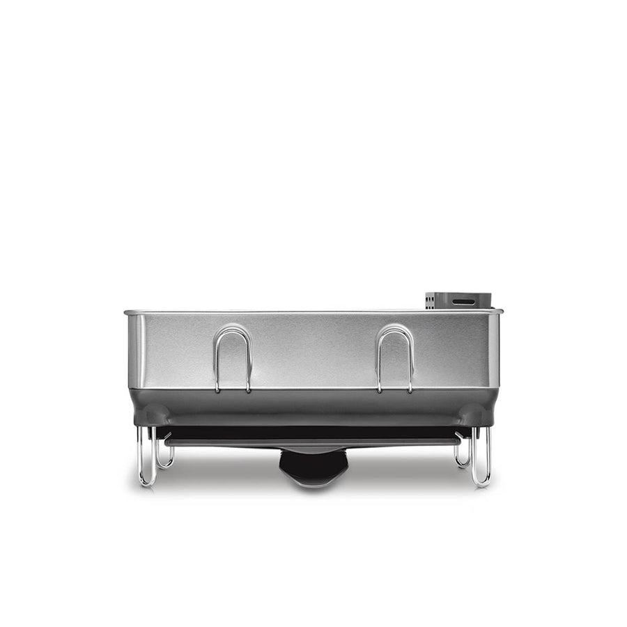 Low front view of Simplehuman Compact Steel Frame Dishrack in Brushed Stainless Steel with hanging utensil holders and self-draining spout.