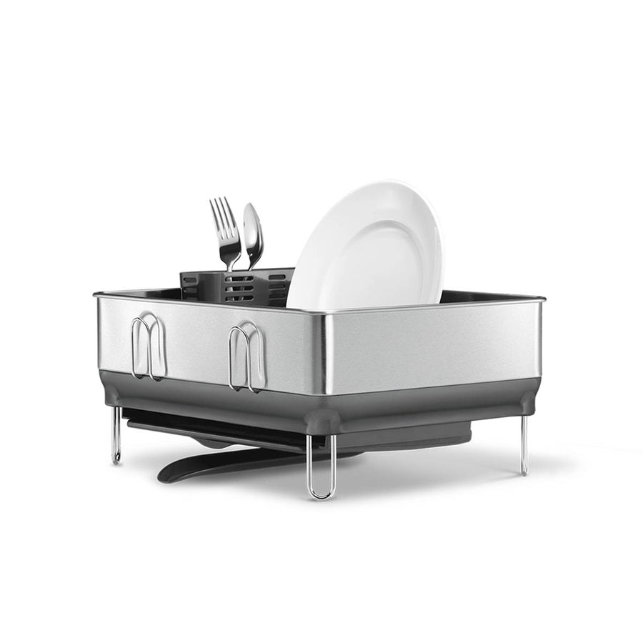 Simplehuman Brushed Stainless Steel Compact Dishrack with removable utensil holder and adjustable self-draining tray.