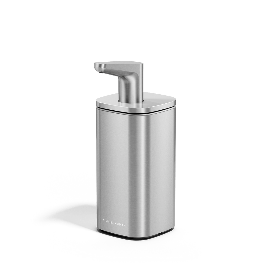 Angled view of Simplehuman 10 oz. Pulse Pump in Brushed Stainless Steel with precise, square design.