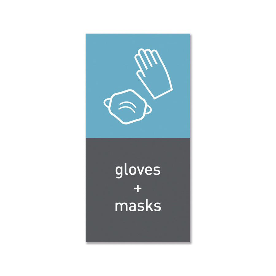 Simplehuman Magnetic Sorting Label, blue/gray, showing glove/mask icons and "gloves + masks," removable for sorting.