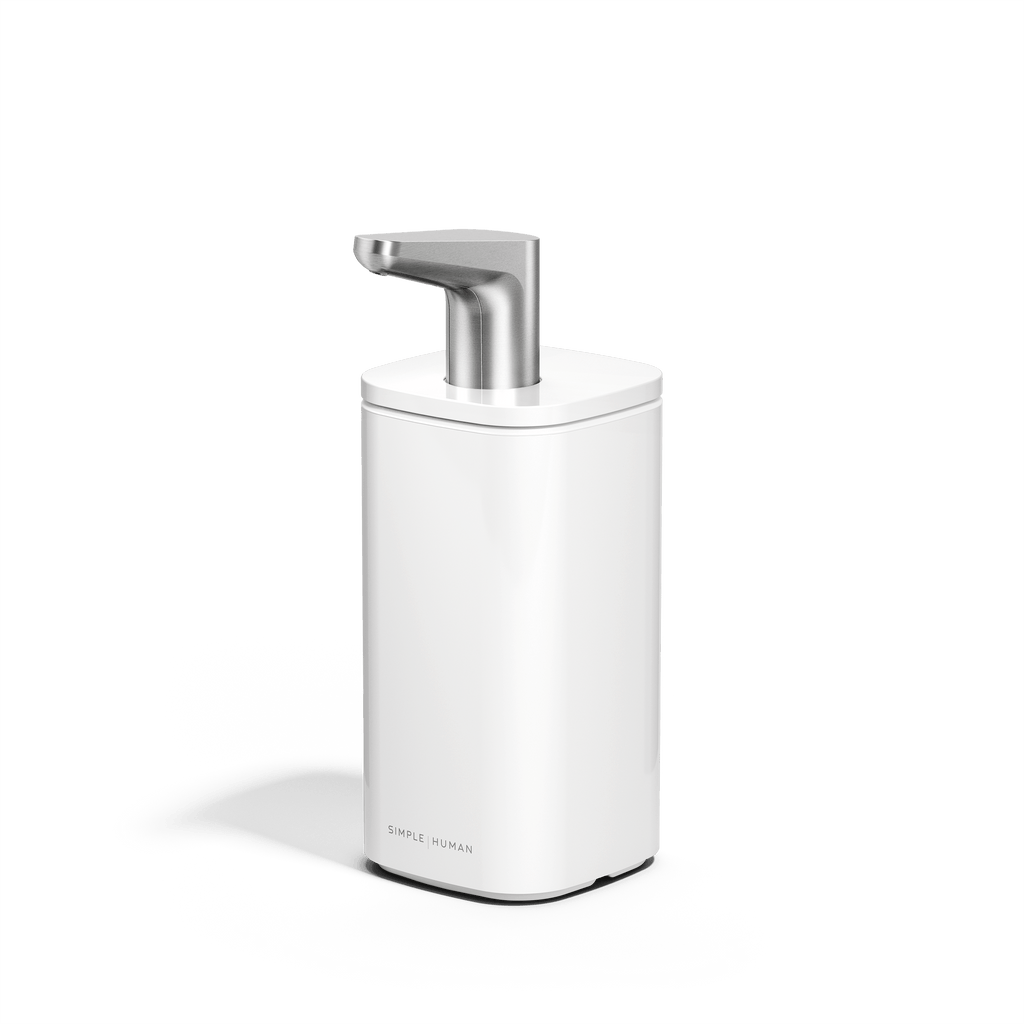 Front angled view of Simplehuman 10 oz. Pulse Pump in White with polished stainless steel ergonomic spout.