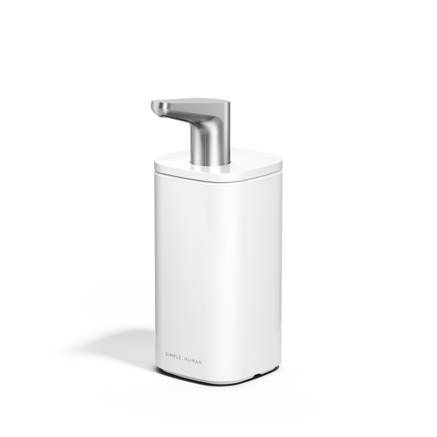 Front angled view of Simplehuman 10 oz. Pulse Pump in White with polished stainless steel ergonomic spout.