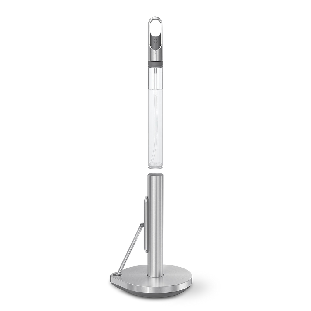 Detail view of Simplehuman Brushed Stainless Steel Paper Towel Holder post and clear removable spray bottle.