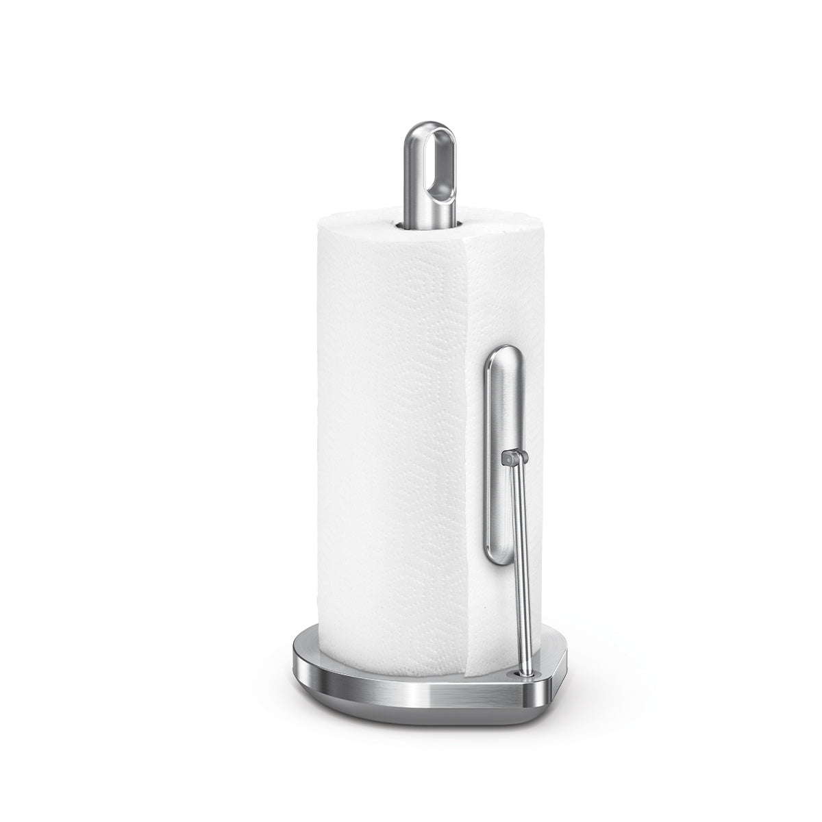 Simplehuman Tension Arm Paper Towel Holder in Polished Stainless Steel, features one-handed tear mechanism.