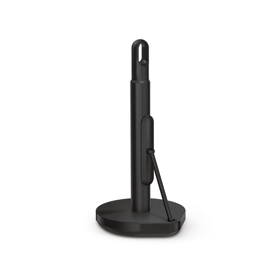 Angled view of Simplehuman Matte Black Tension Arm Paper Towel Holder with stable weighted base.