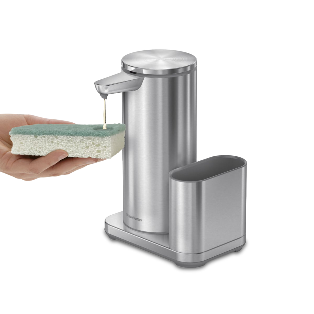 Simplehuman Brushed Stainless Steel Sensor Pump with Caddy dispensing soap onto sponge, touch-free.