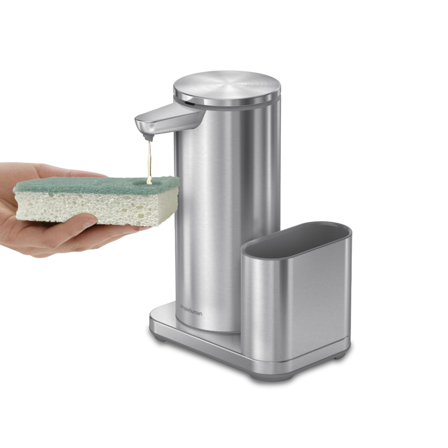 Simplehuman Brushed Stainless Steel Sensor Pump with Caddy dispensing soap onto sponge, touch-free.