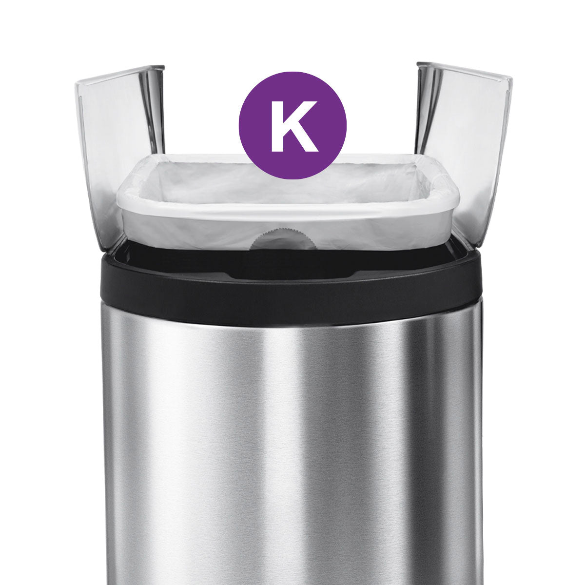 Detail view of Simplehuman white Code K Custom Fit Liner perfectly fitted inside a Brushed Stainless Steel can.