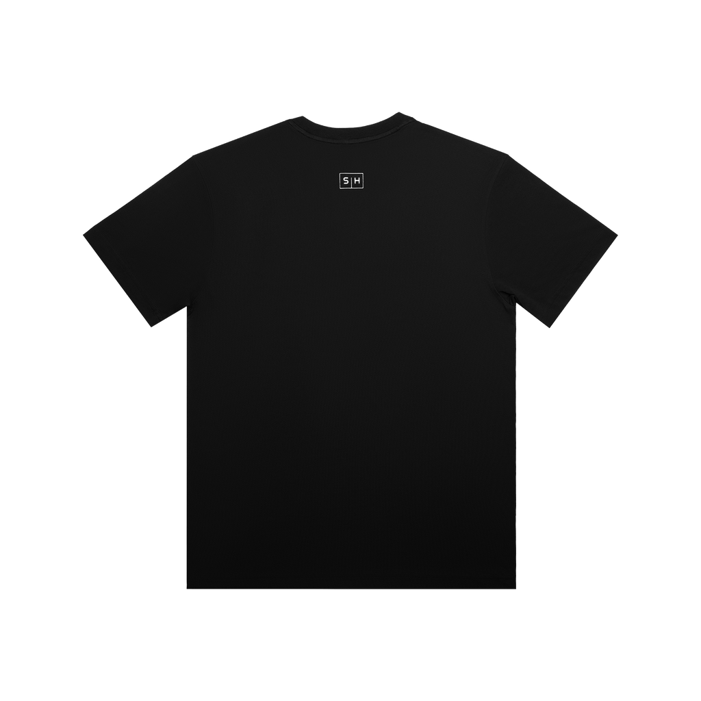 Back view of Simplehuman Black T-Shirt with small white logo tag near the collar