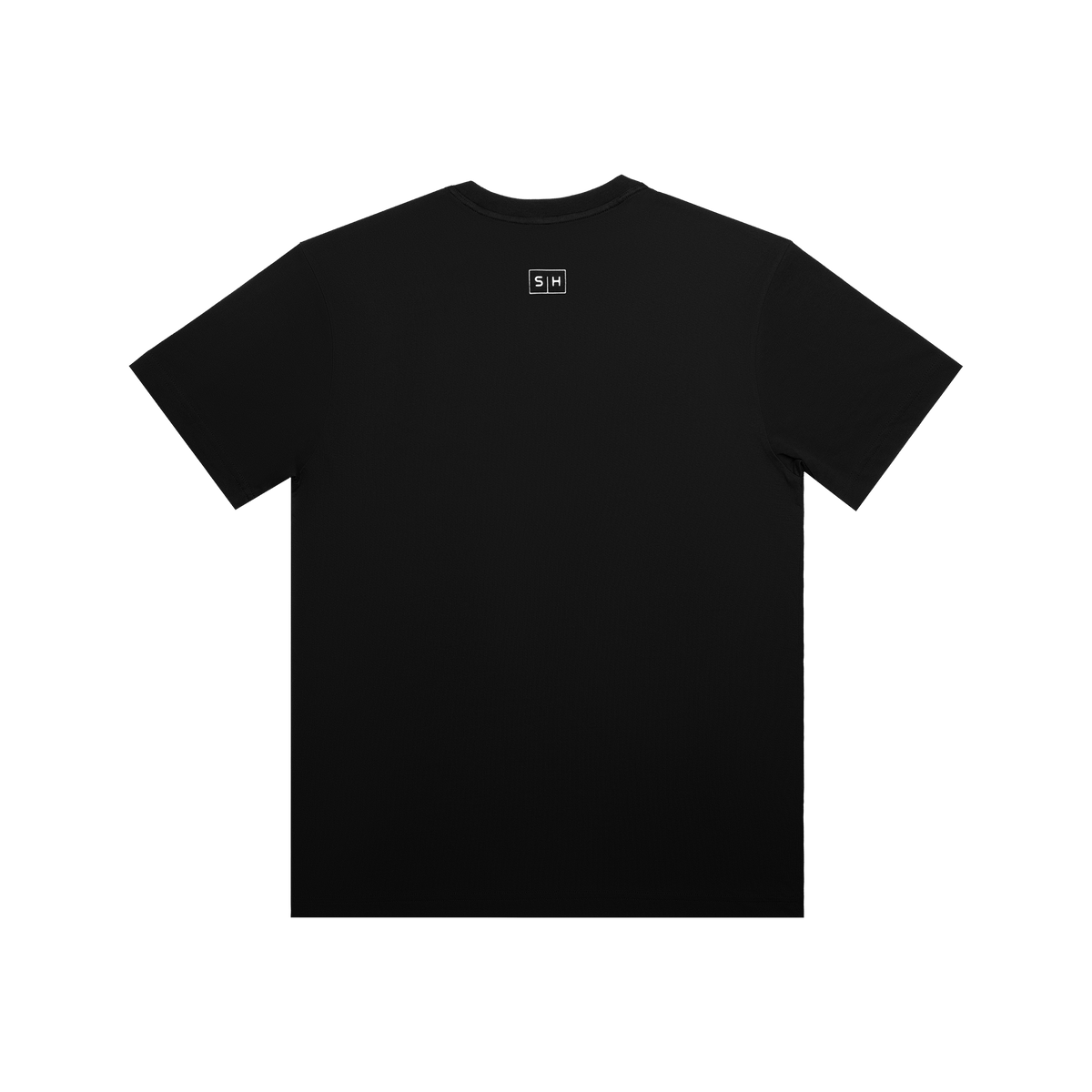 Back view of Simplehuman Black T-Shirt with small white logo tag near the collar