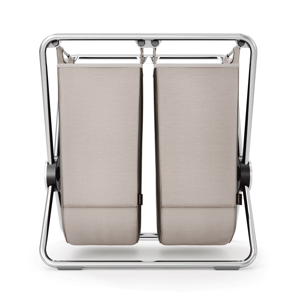 Front view of Simplehuman Double X-Frame Hamper, Polished Stainless Steel, dual removable liners for sorting.