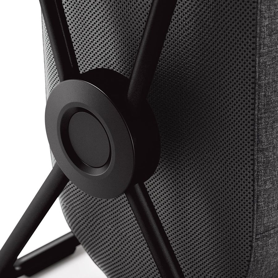 Close-up of Simplehuman Double X-Frame Hamper, Matte Black frame hub connection and dark mesh liner.