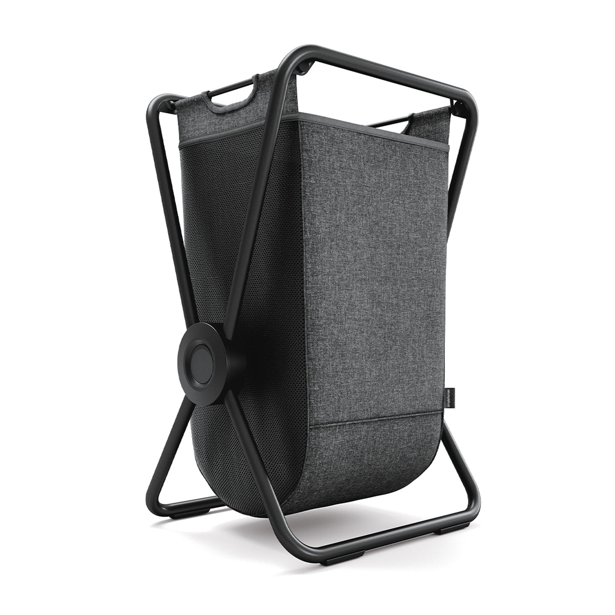 Angled view of Simplehuman Single X-Frame Hamper, Matte Black frame, charcoal removable liner with handles. Foldable.