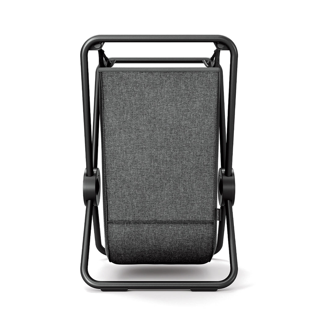 Simplehuman Single X-Frame Hamper in Matte Black, upright with charcoal removable liner. Narrow, space-saving, foldable design.
