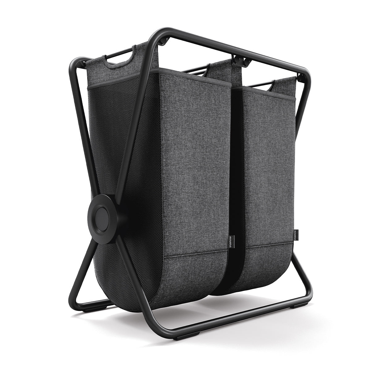 Angled view of Simplehuman Double X-Frame Hamper, Matte Black frame with dark gray removable liners, easy sorting.