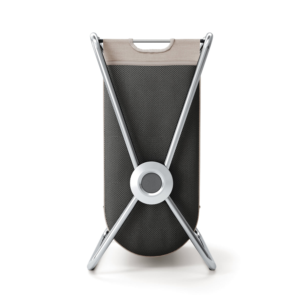 Back view of Simplehuman Single X-Frame Hamper, Polished Stainless Steel, removable liner with carry handle.