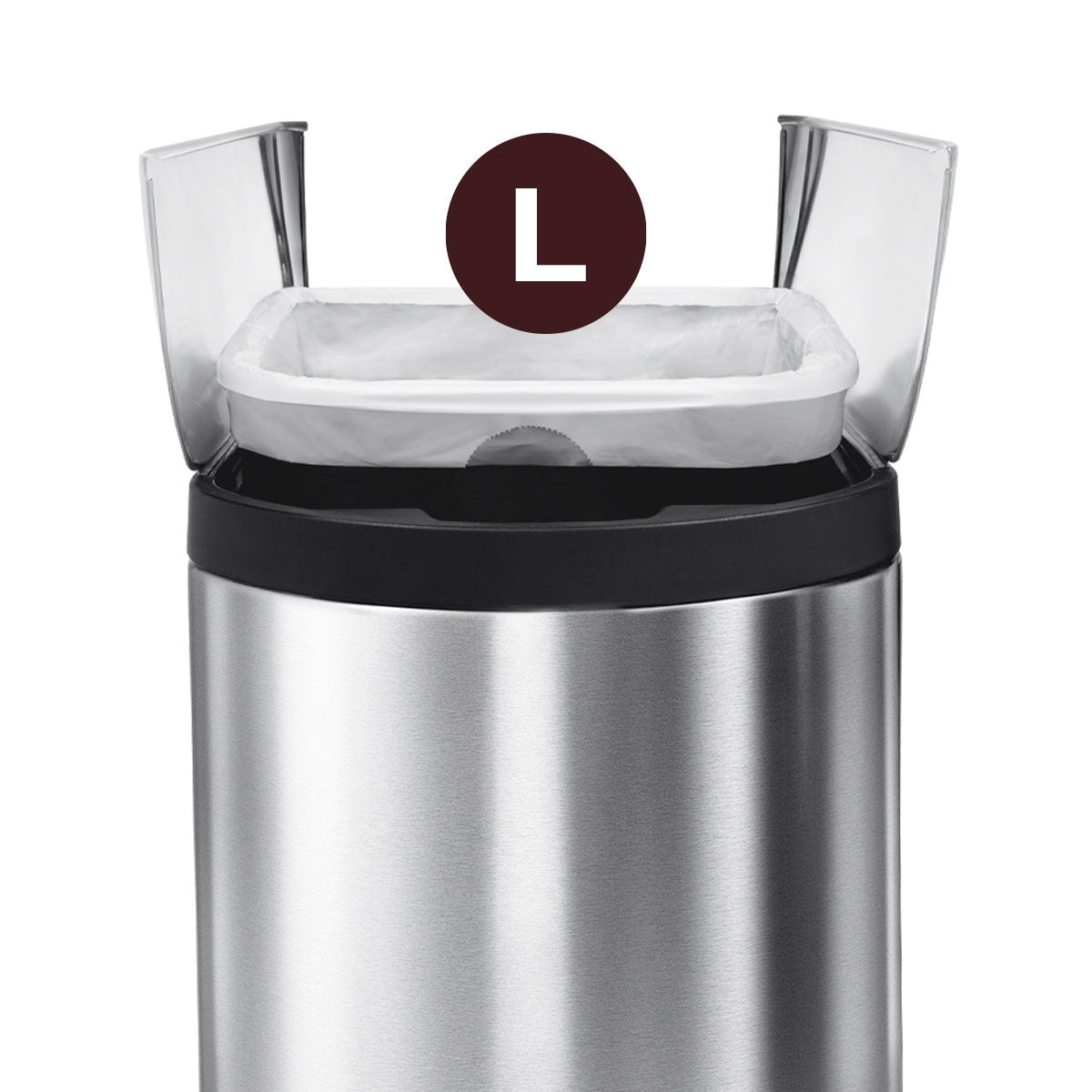 Detail view of Simplehuman Code L white liner showing perfect fit inside the Brushed Stainless Steel trash can.