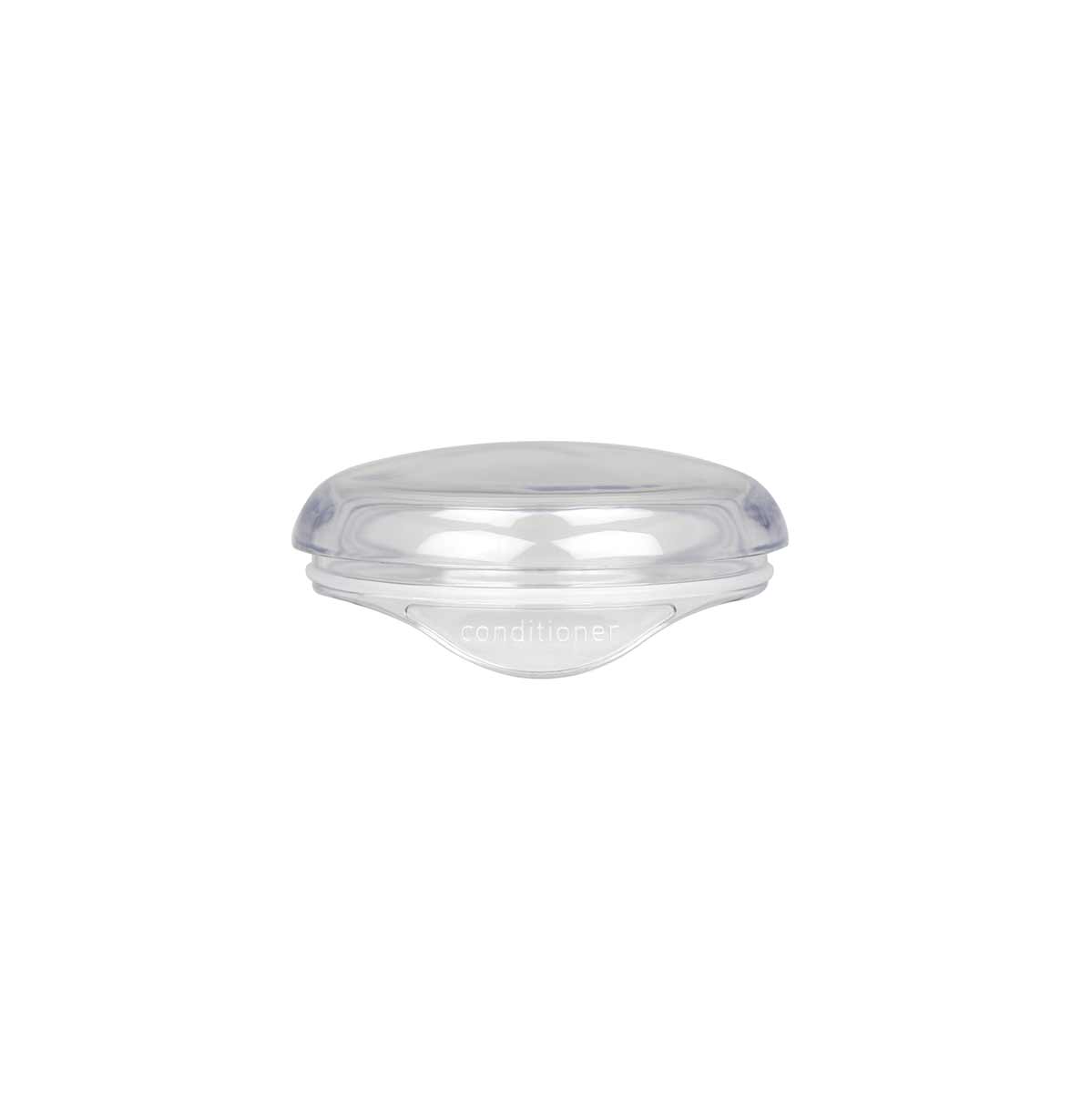 Detail view of Simplehuman Conditioner Cap, clear plastic replacement part labeled "conditioner.