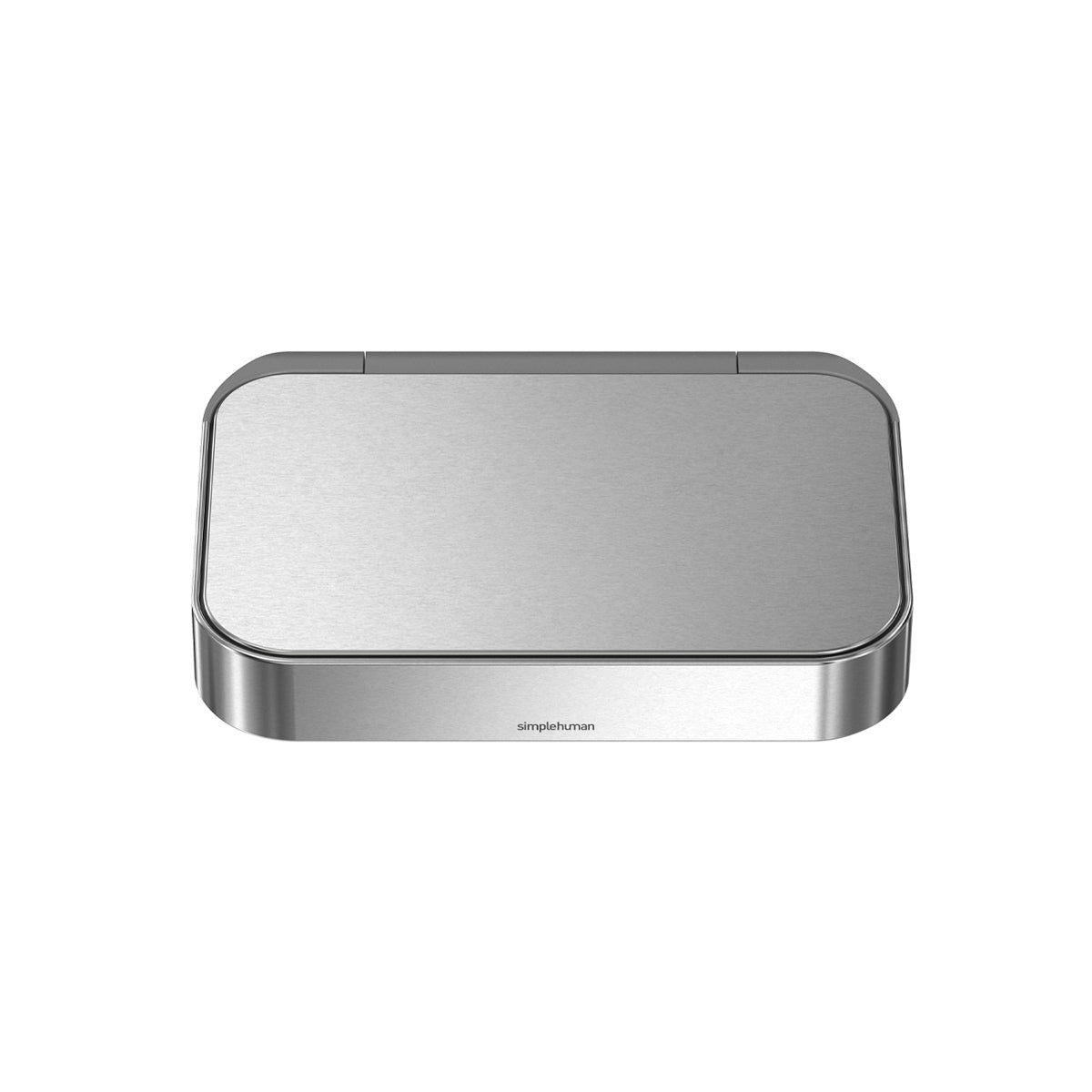 Simplehuman Lid with Liner Rim, Brushed Stainless Steel, helps hide and secure trash bag liner.