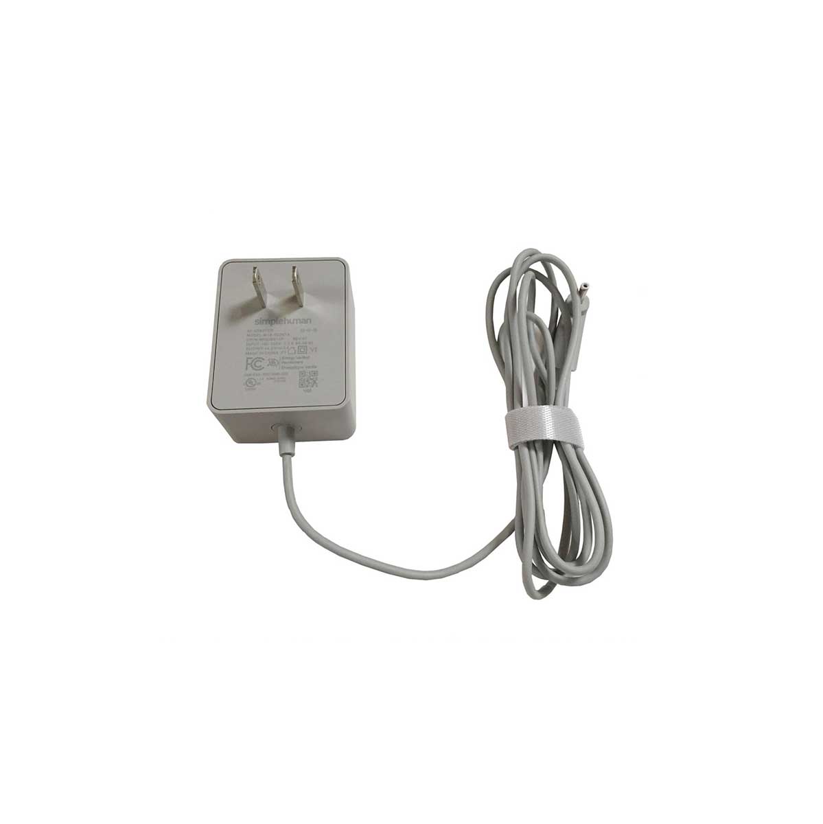 Simplehuman Pd6245 Power Adapter, AC charger block with attached gray cord and reusable organizer strap.