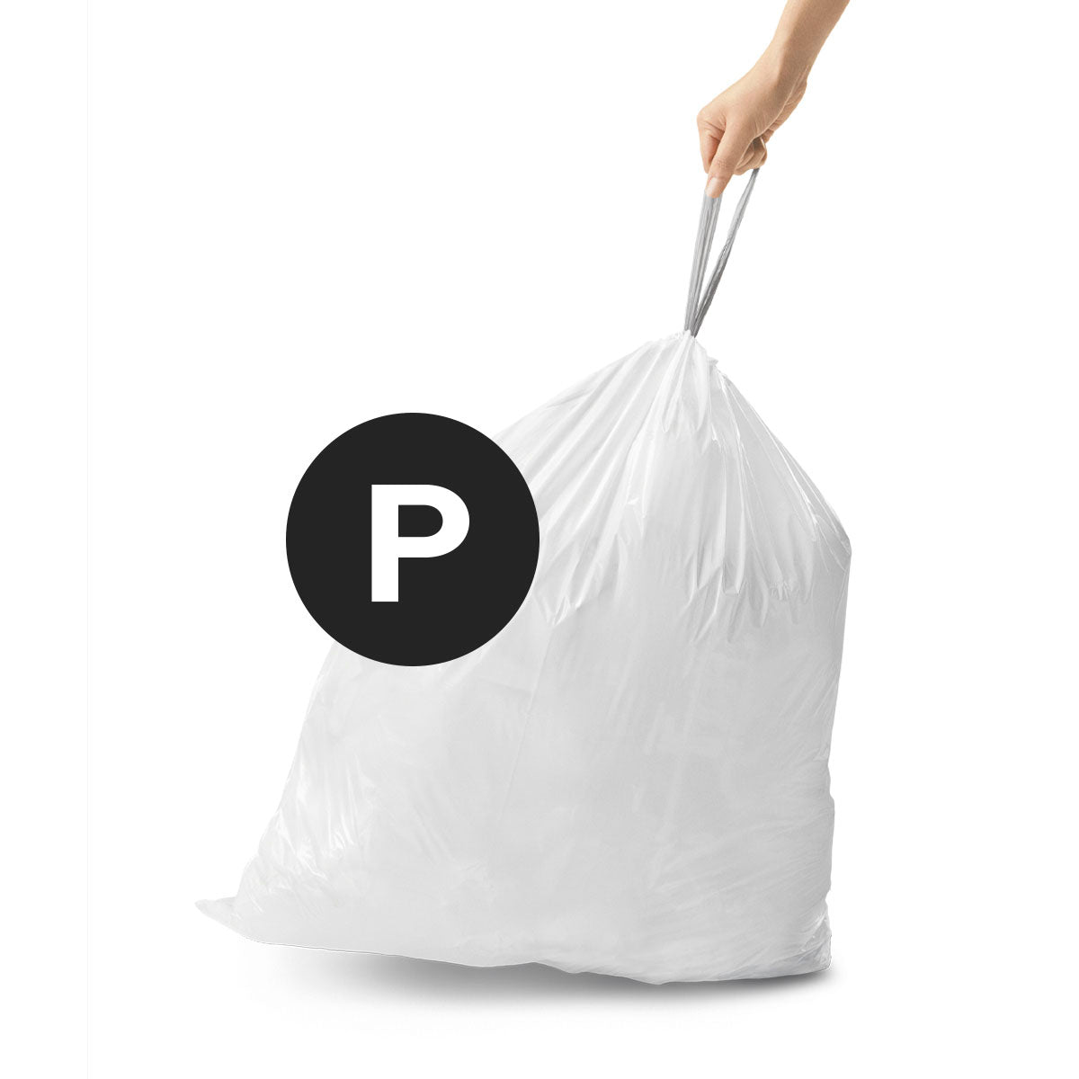 Simplehuman Code P Custom Fit Liner (White), filled trash bag being lifted by drawstring closure.