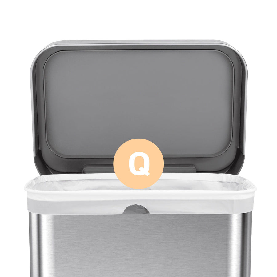 Simplehuman Code Q White Custom Fit Liner installed in Brushed Stainless Steel can, snug fit hides the liner rim.
