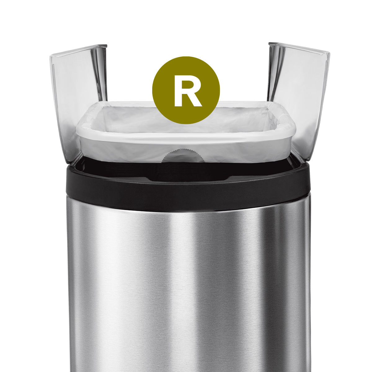 Detail view of Simplehuman Code R Custom Fit Liner in Brushed Steel can, showing concealed perfect fit.