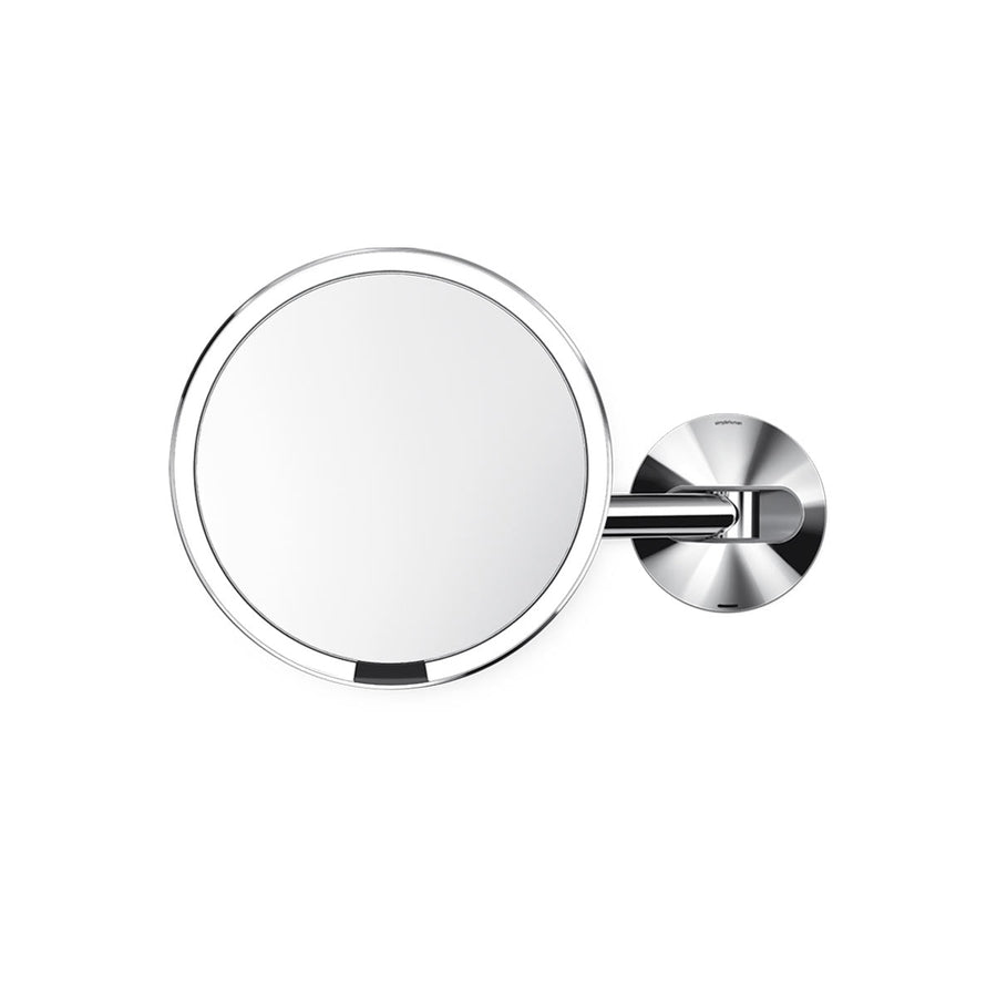 Front view of Simplehuman Rechargeable Wall Mount Sensor Mirror in Polished Stainless Steel, adjustable arm.