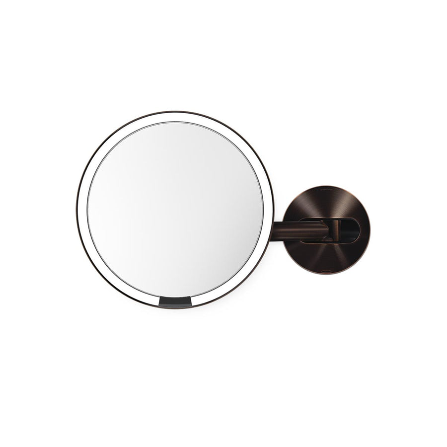 Simplehuman Rechargeable Wall Mount Sensor Mirror in Dark Bronze, hands-free light, adjustable arm.