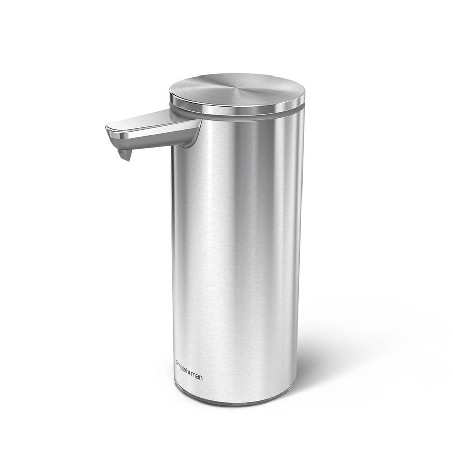 Angled view of Simplehuman 9 oz. Rechargeable Liquid Sensor Pump in Brushed Stainless Steel, touch-free and drip-free.