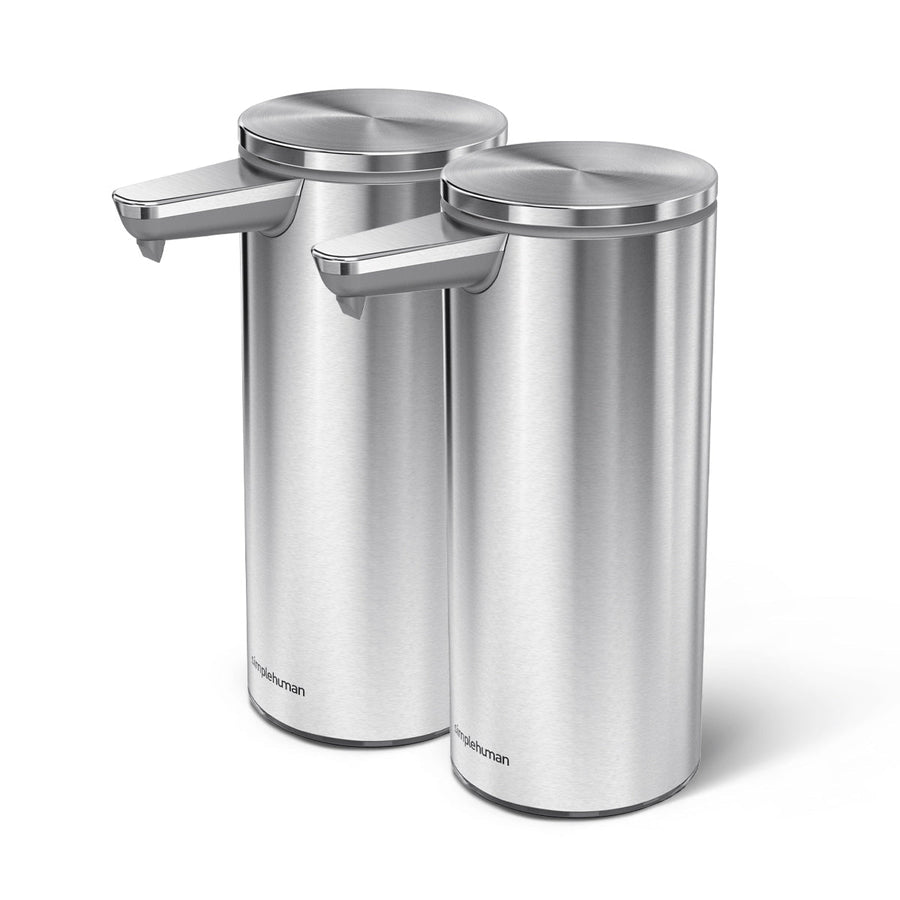 Simplehuman 9 oz. Rechargeable Liquid Sensor Pumps (2-Pack) in Brushed Stainless Steel, touch-free and drip-free.