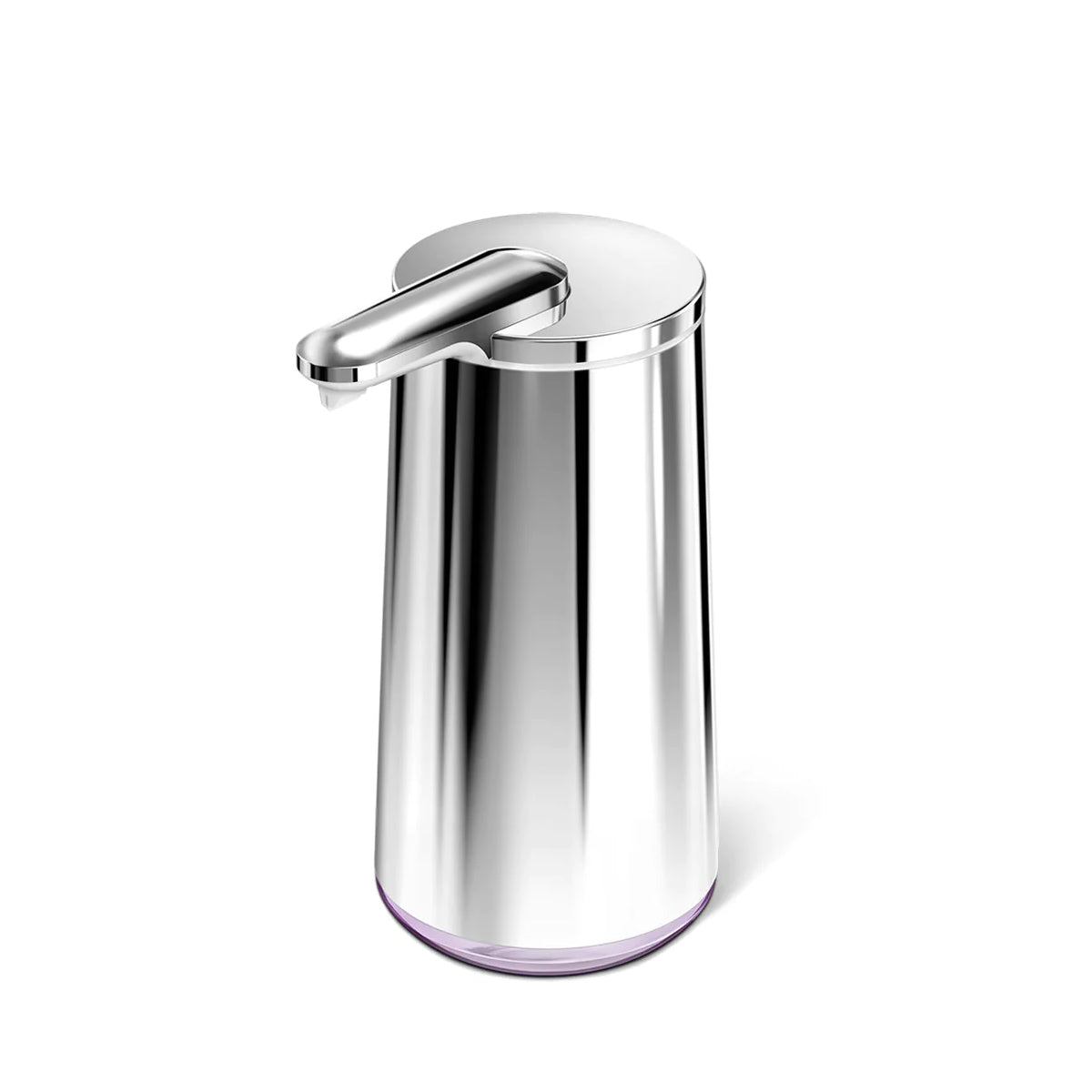 Angled view of Simplehuman Polished Stainless Steel Foam Sensor Pump, touch-free foaming.