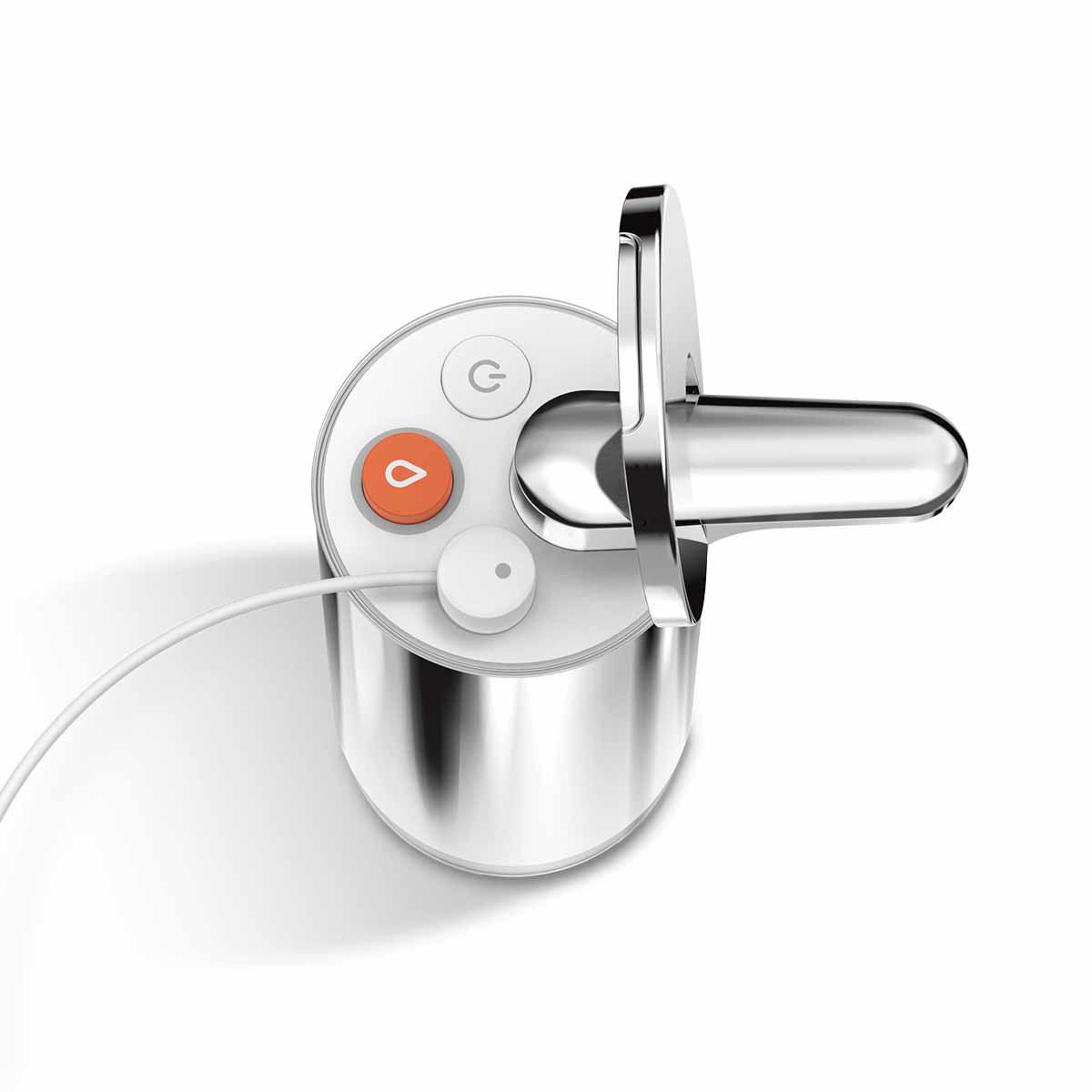 Detail view of Simplehuman Polished Stainless Steel Foam Sensor Pump top with magnetic charging cable attached.